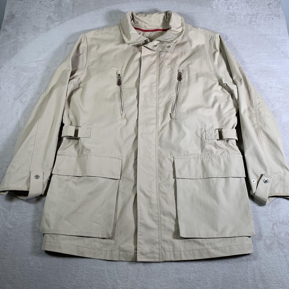 Tommy Hilfiger Jacket Mens XL Khaki Field Utility Zip Pockets Stowaway Hood